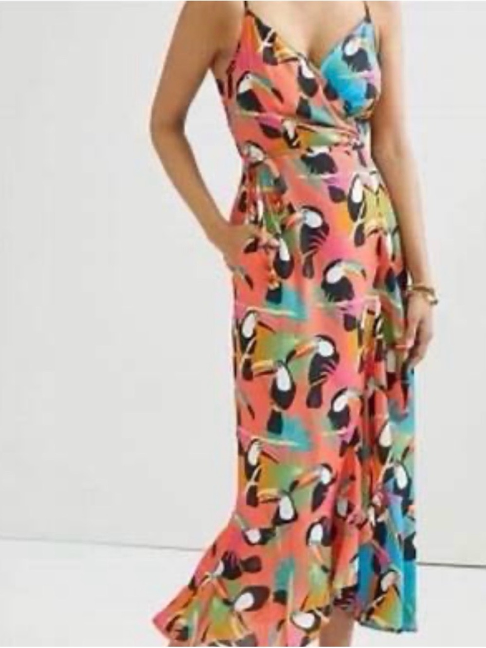 Anthropologie and Farm Rio Tropical Toucan Wrap Dress in Coral, Aqua & Black